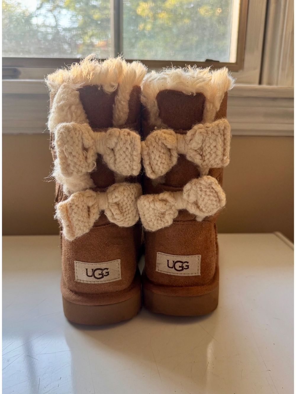 UGG Brown Suede Boots with Shearling and Bow Detail, Size girls 3